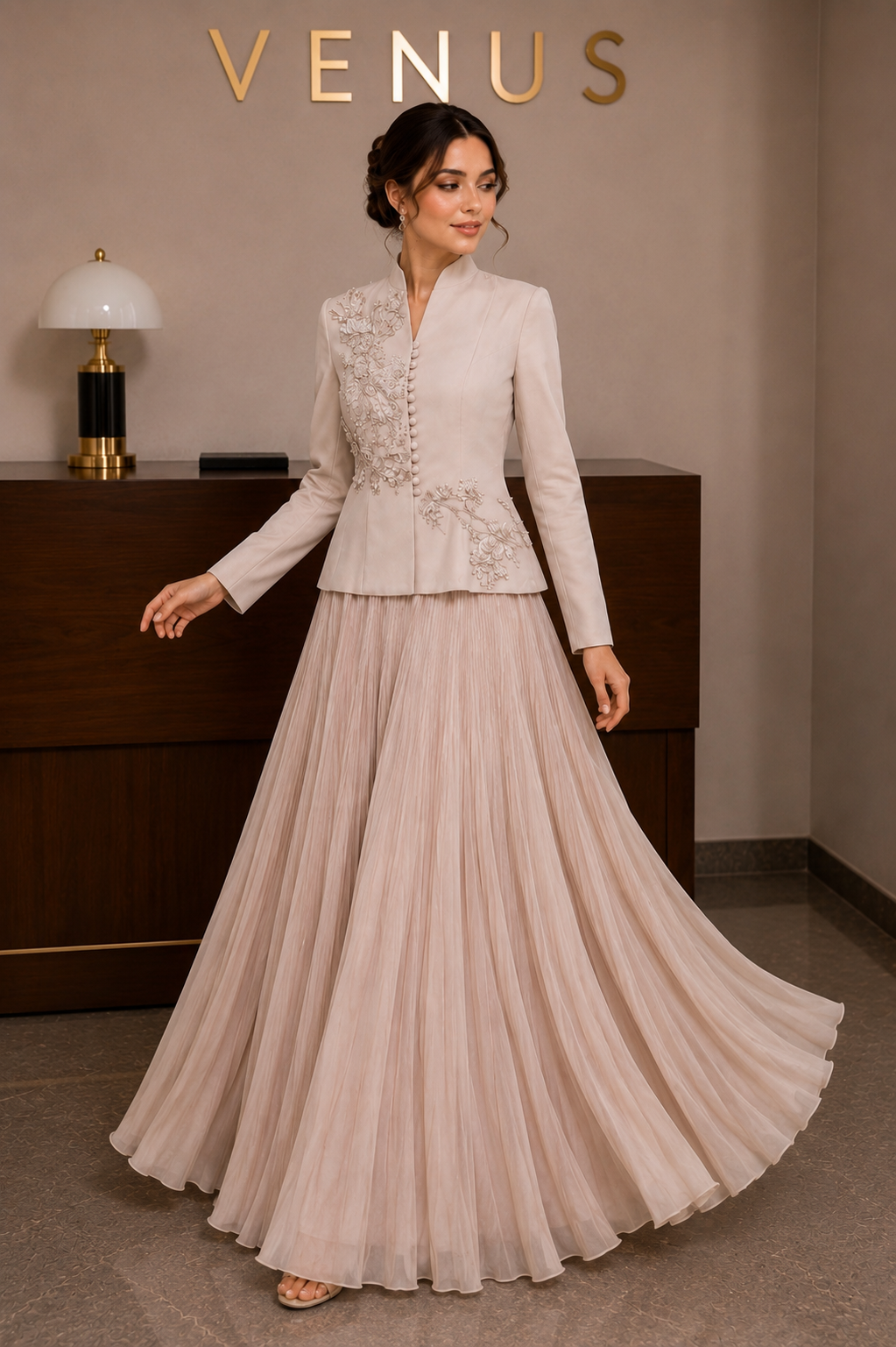 Floral Embroidered Jacket & Skirt Set - Champagne Modest Outfit