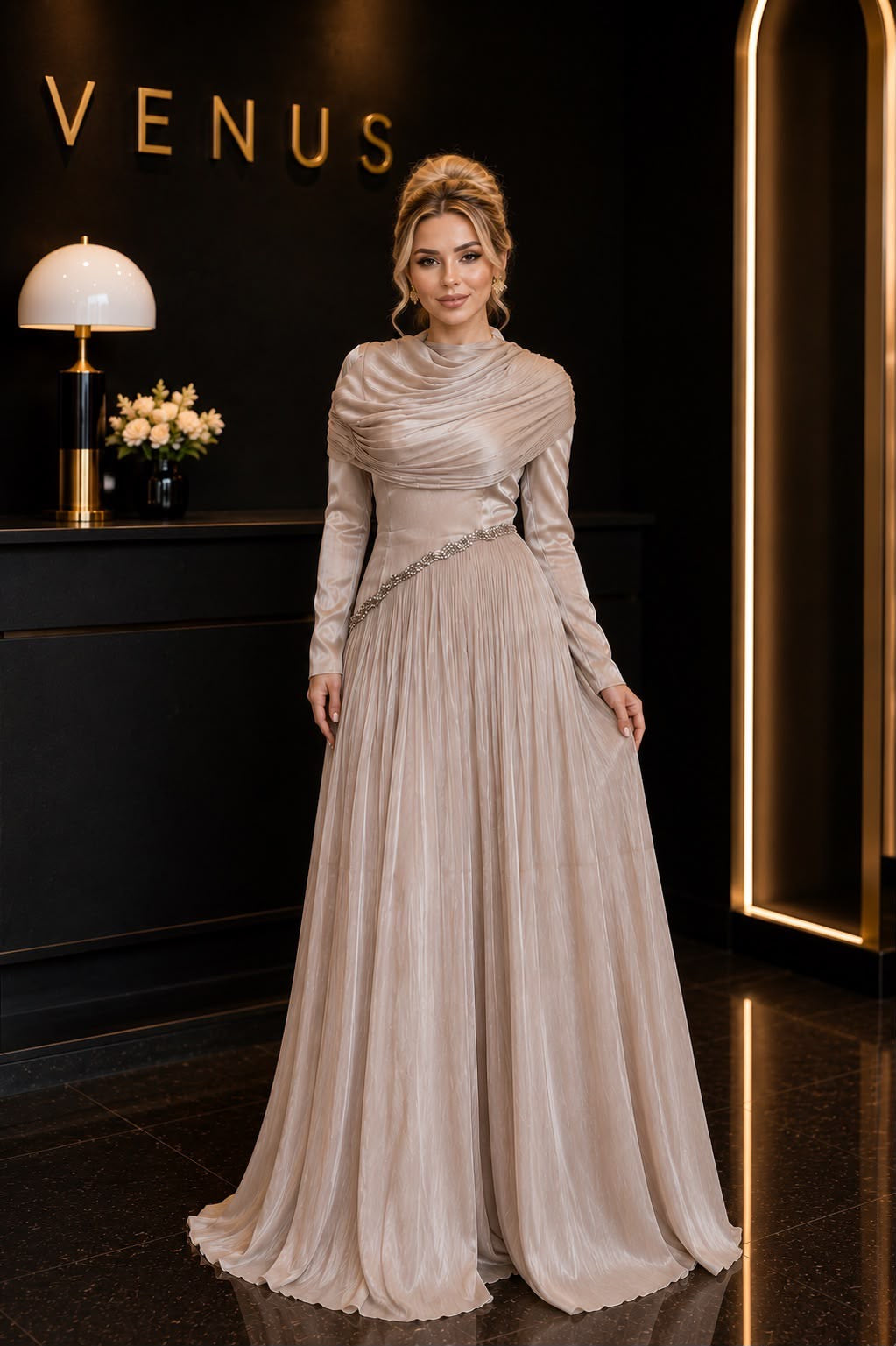 Halo Dress Champagne Shimmer Draped Shoulder - full length view showing draped cowl shoulder and crystal belt detail