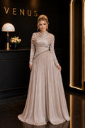 Halo Dress Champagne Shimmer Draped Shoulder - full length view showing draped cowl shoulder and crystal belt detail