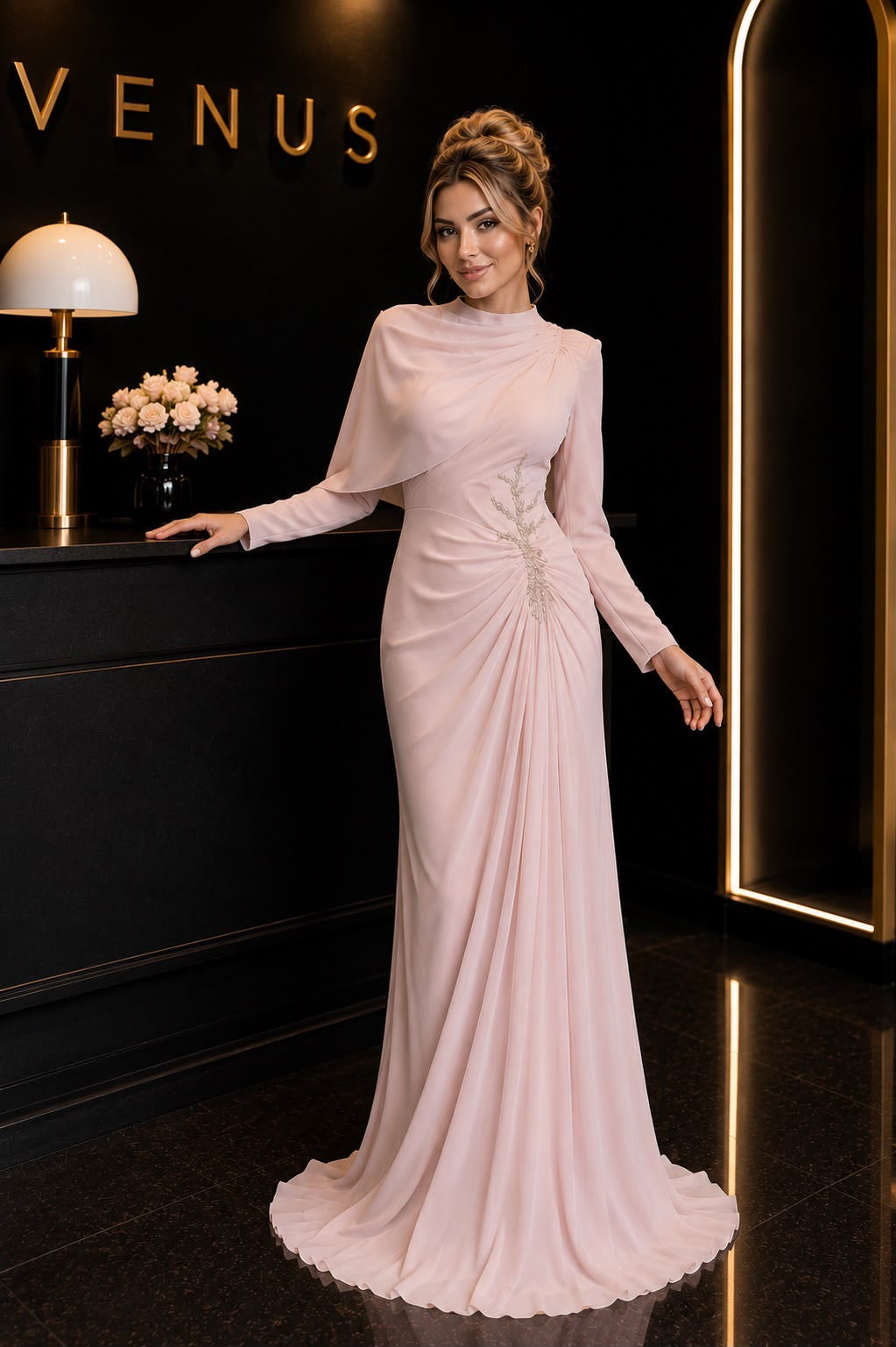 Blossom Dress Blush Cape Floral - full length view showing one-sided cape sleeve and floral vine embroidery detail