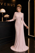 Blossom Dress Blush Cape Floral - full length view showing one-sided cape sleeve and floral vine embroidery detail