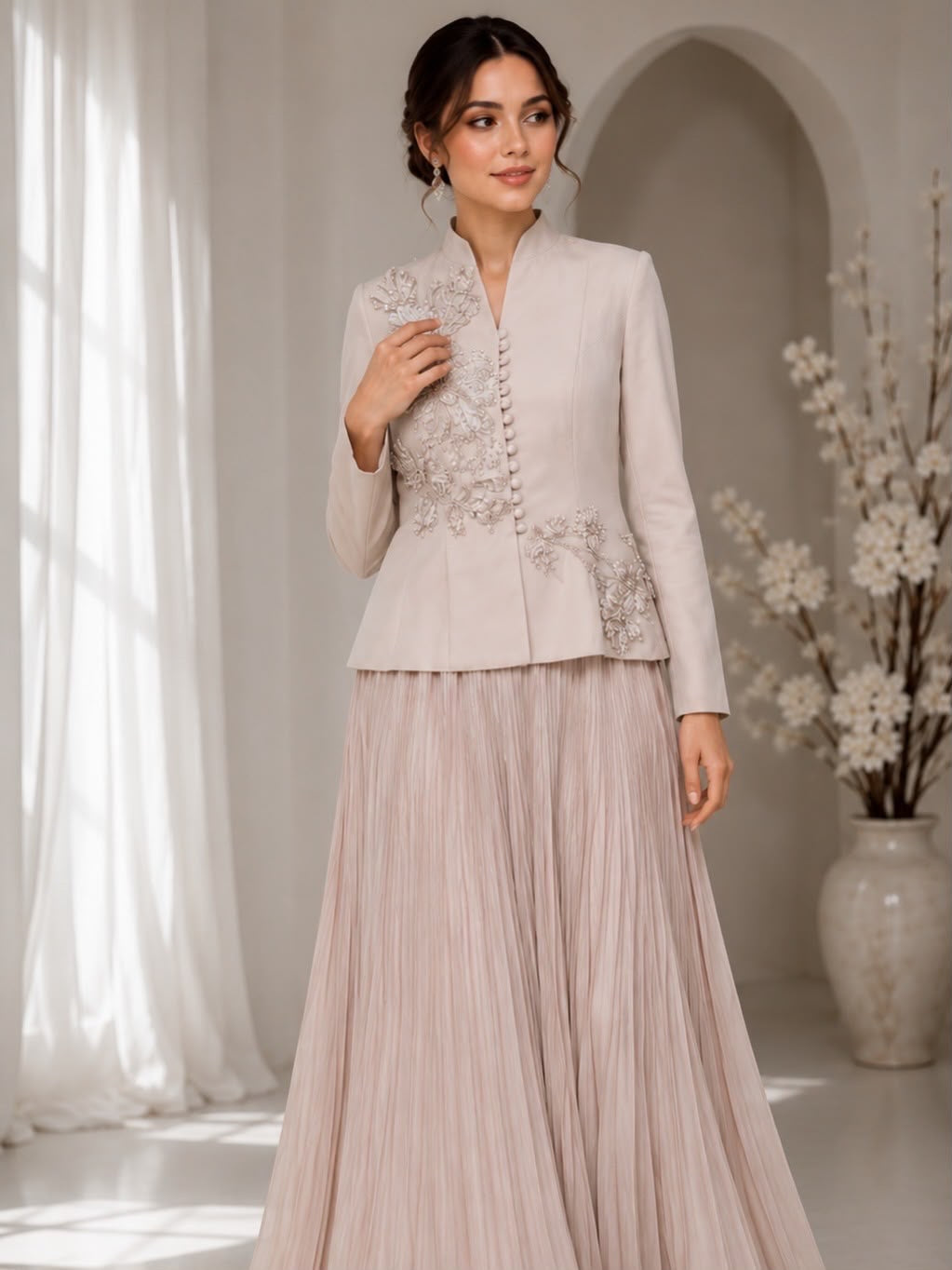 Floral Embroidered Jacket & Skirt Set - Champagne