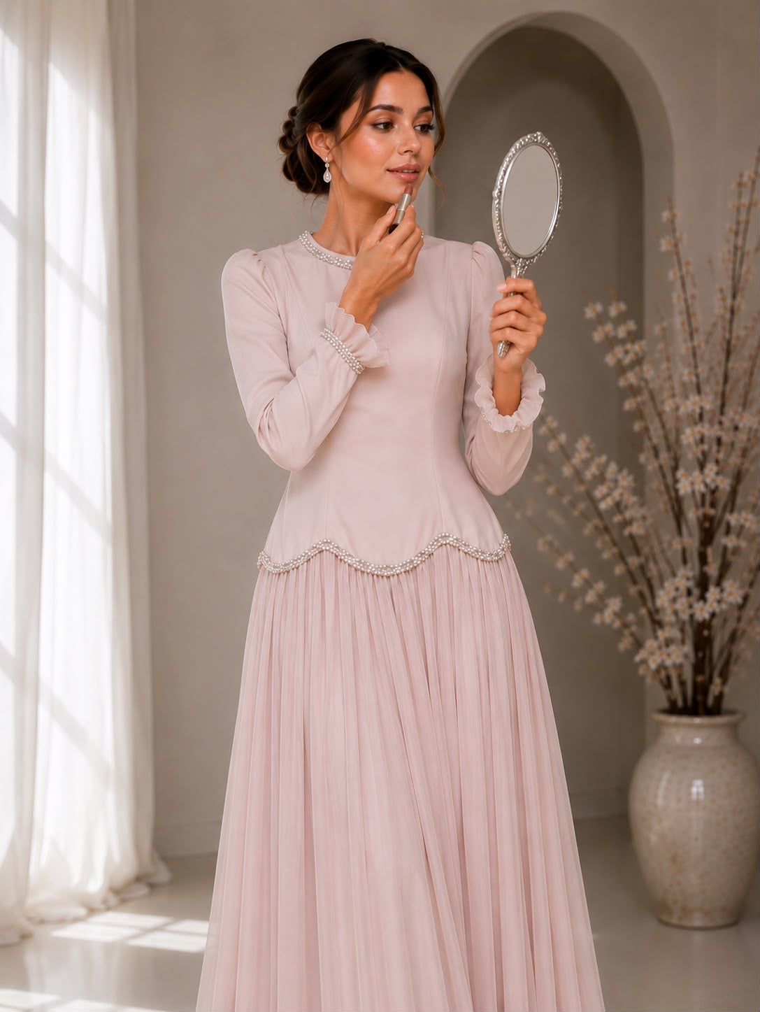 Pearl Trim Dress - Blush