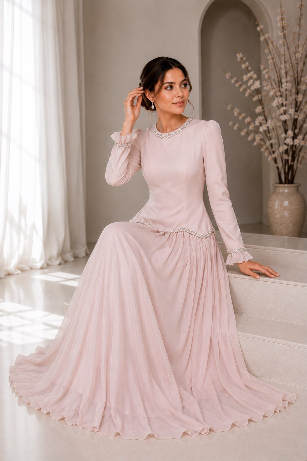 Pearl Trim Dress - Blush