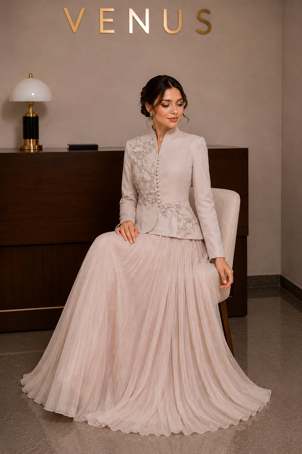 Floral Embroidered Jacket & Skirt Set - Champagne
