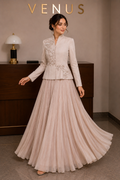 Floral Embroidered Jacket & Skirt Set - Champagne