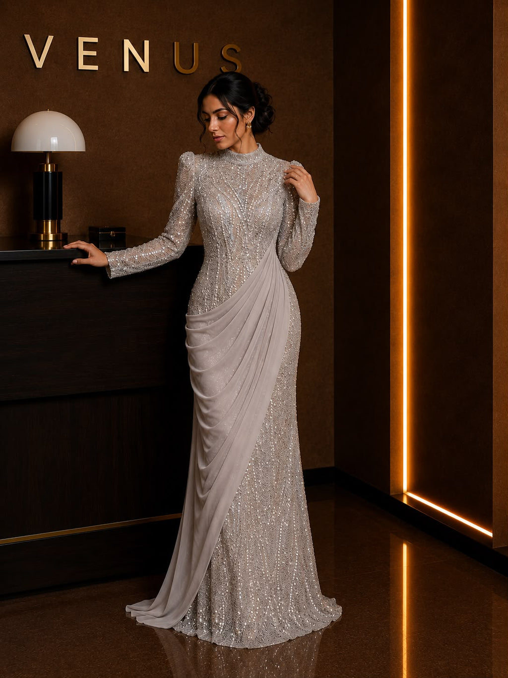 Aurora Dress Silver Crystal Drape - side view showing draped chiffon panel detail