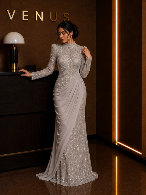 Aurora Dress Silver Crystal Drape - side view showing draped chiffon panel detail