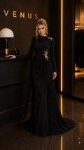 Noir Dress Black Crystal Star Cape - front view showing cape sleeve and crystal star waist detail