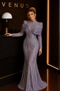 Celeste Dress Lavender Sequin - full length mermaid gown with sculptural bow shoulders