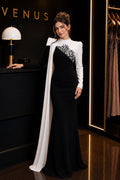 Duality Dress Black White Coral Cape - front view showing contrast bodice and coral branch embroidery