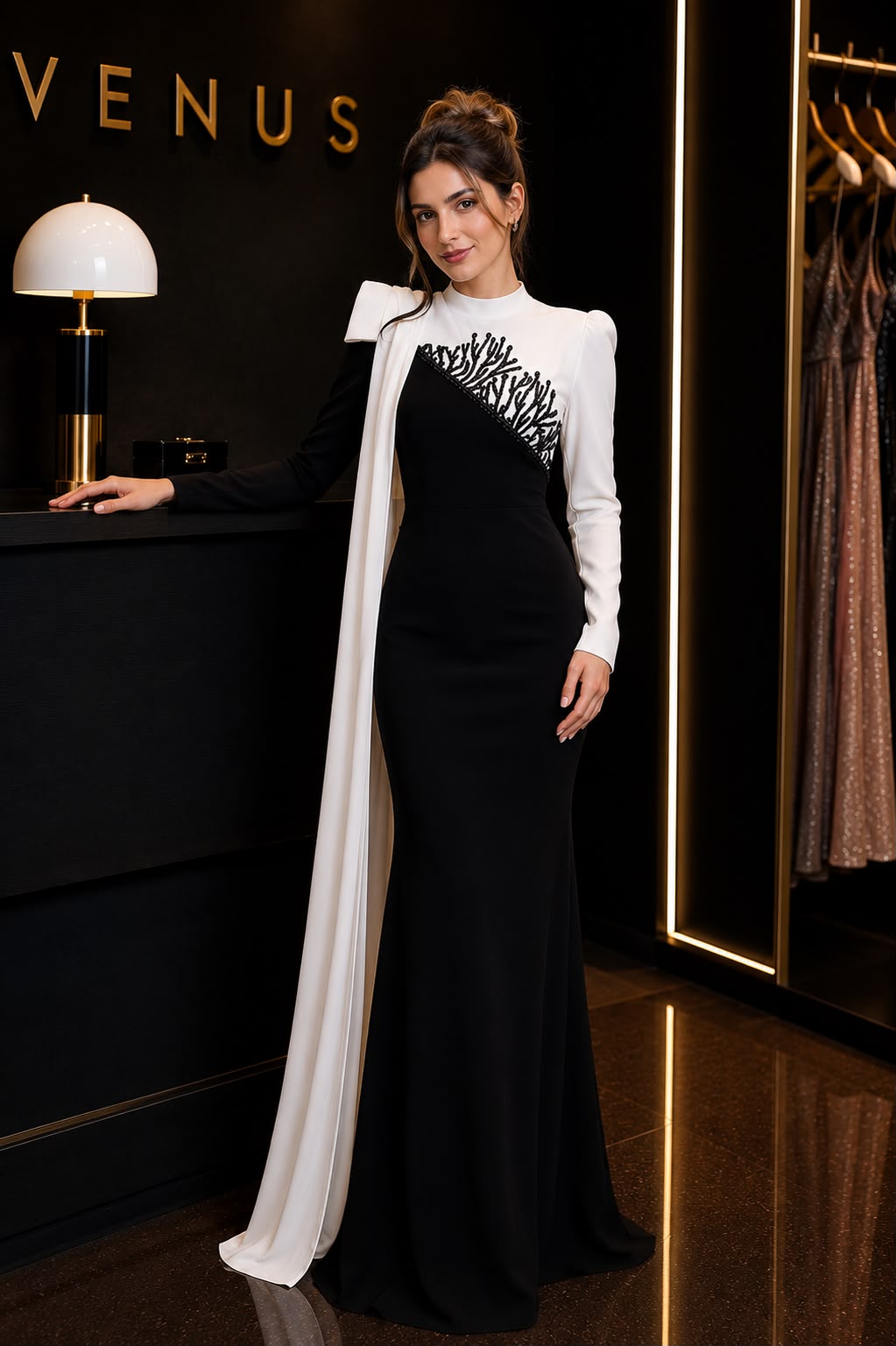 Duality Dress Black White Coral Cape - front view showing contrast bodice and coral branch embroidery