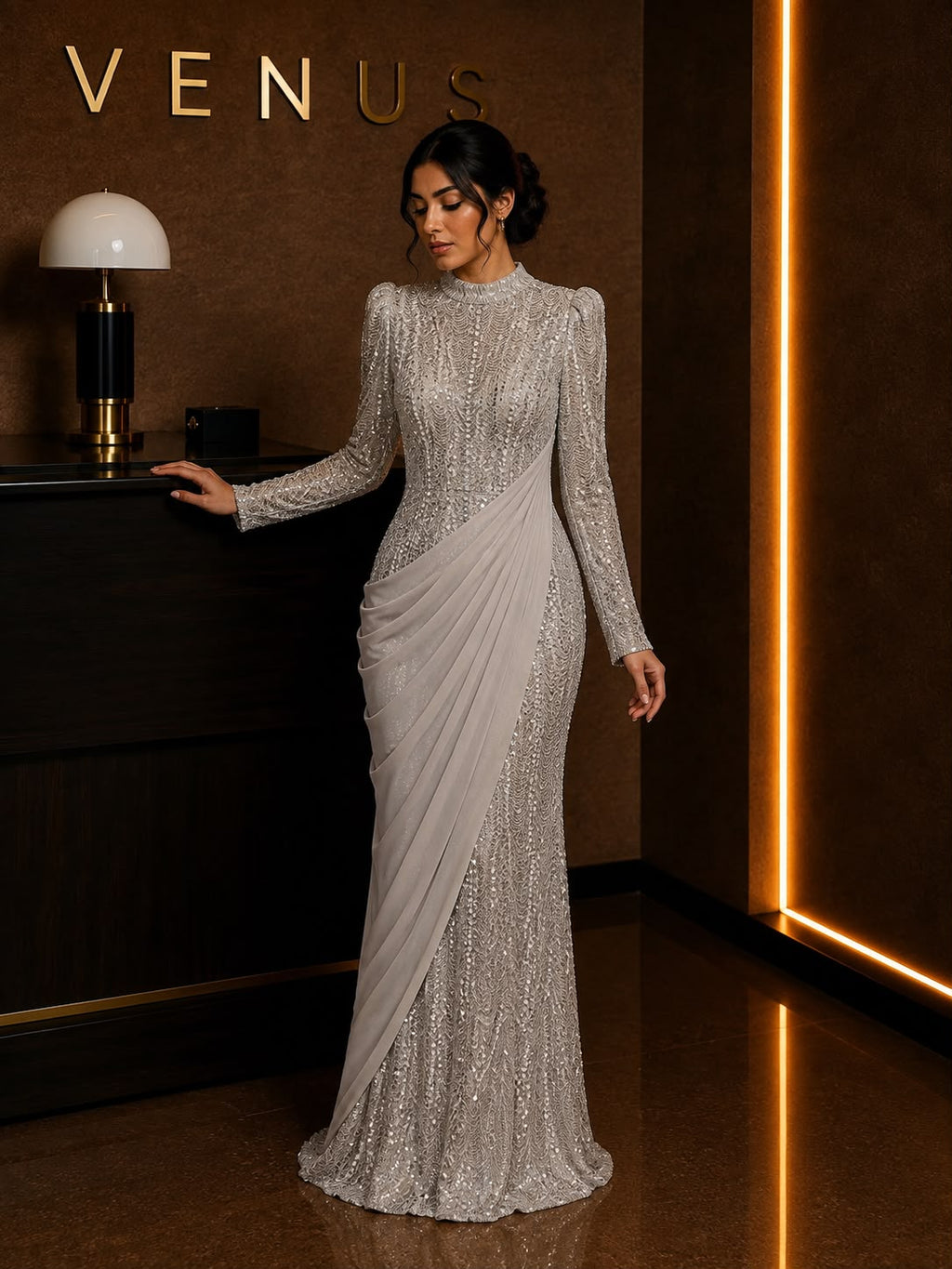 Aurora Dress Silver Crystal Drape - front view showing full sequin embellishment and chiffon drape