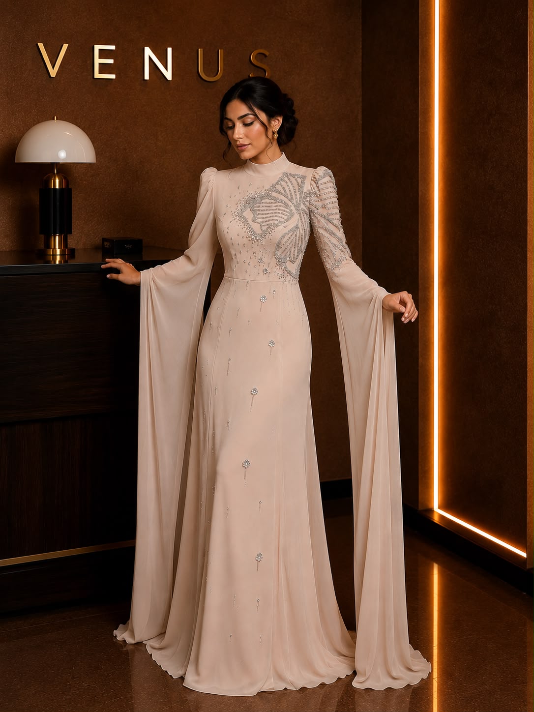 Luna Dress Champagne Crystal Cape - front view with clutch