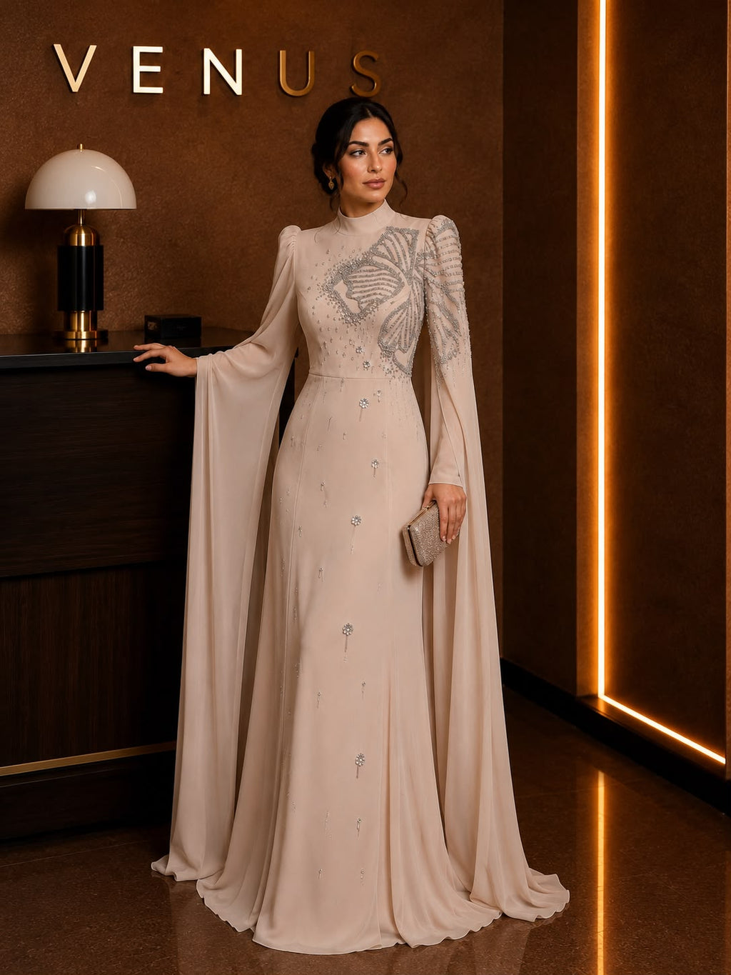 Luna Dress Champagne Crystal Cape - side view showing cape sleeves
