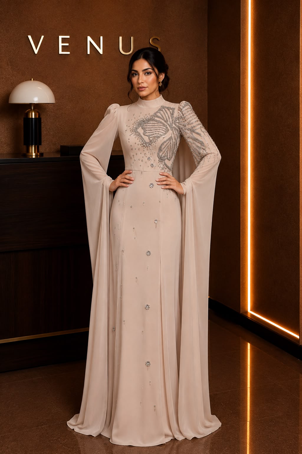 Luna Dress-Champagne Crystal Cape
