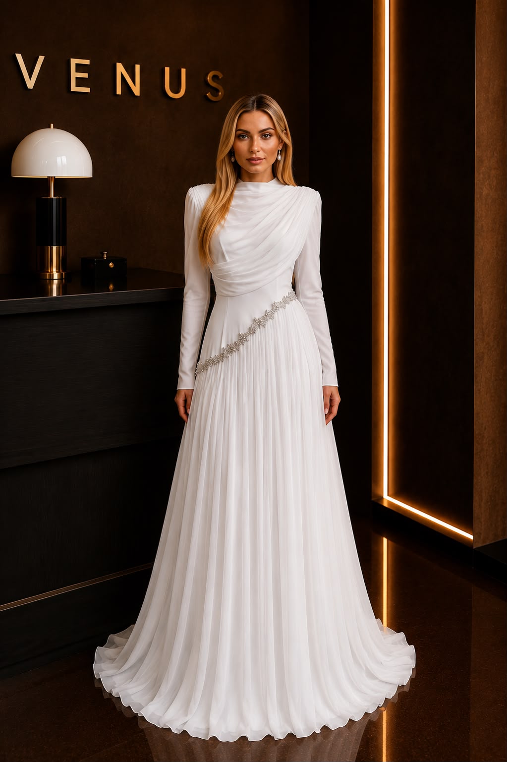 Seraph Dress White Pleated Crystal Sash - full length view showing pleated A-line skirt and diagonal crystal sash detail