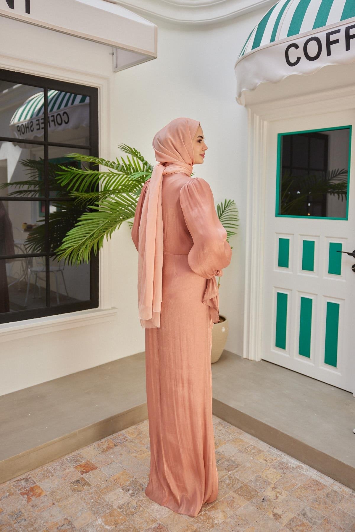 Peach Blush Draped Cape Dress
