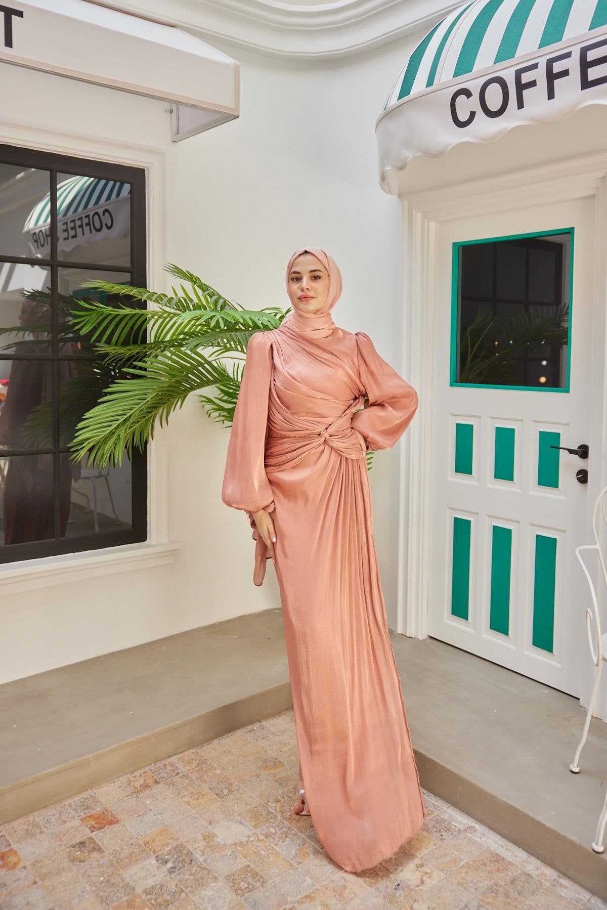 Peach Blush Draped Cape Dress