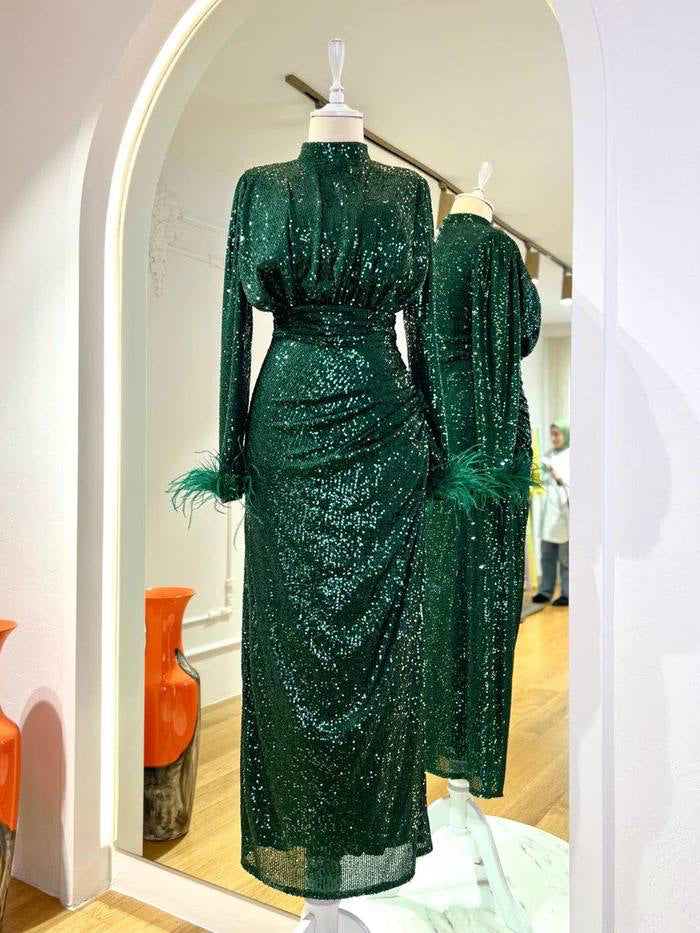 Glamour Dress - Sequined with Feather Cuffs