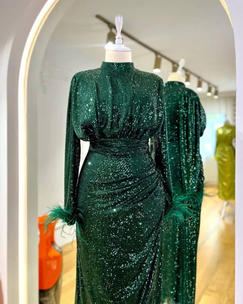 Glamour Dress - Sequined with Feather Cuffs