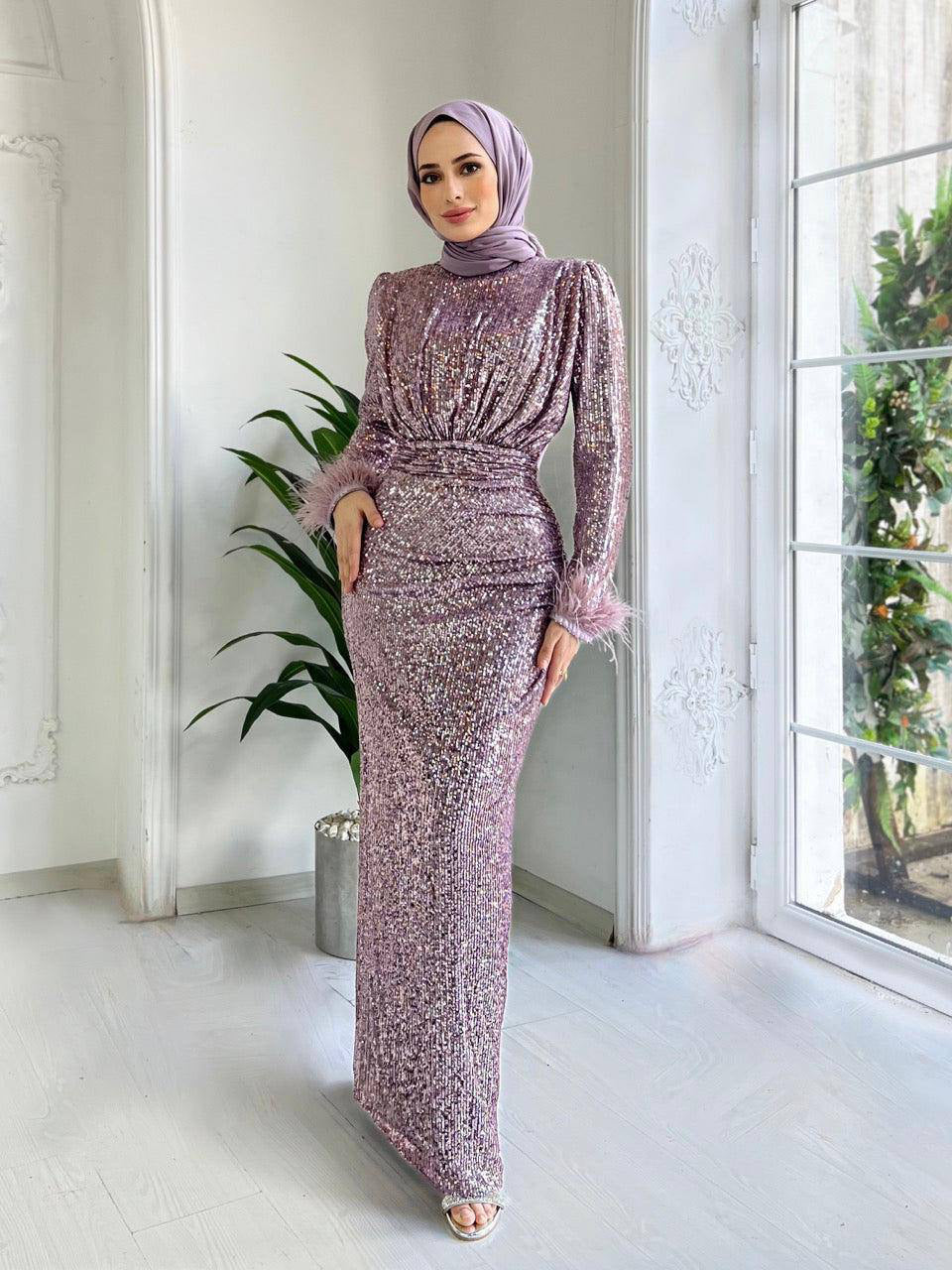 Glamour Dress - Sequined with Feather Cuffs