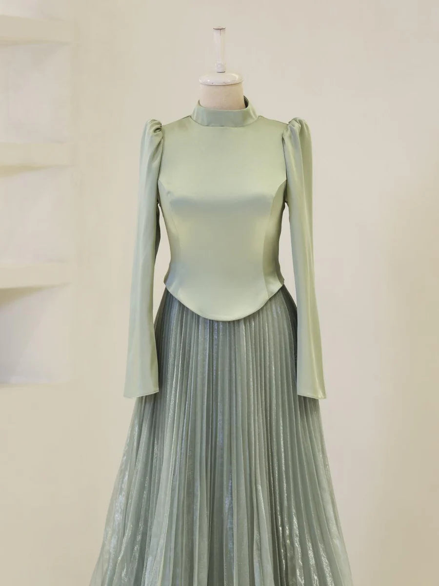 Liora Pleated Evening Dress - Sage Green